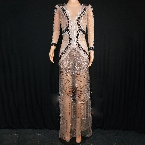 

black white mesh transparent rhinestone dress long dress stage costume female dj women birthday celebrate evening dqs3924, Black;red