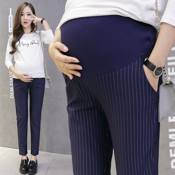 

006# vertical stripes navy blue maternity straight pants stretch belly trousers clothes for pregnant women autumn pregnancy, White