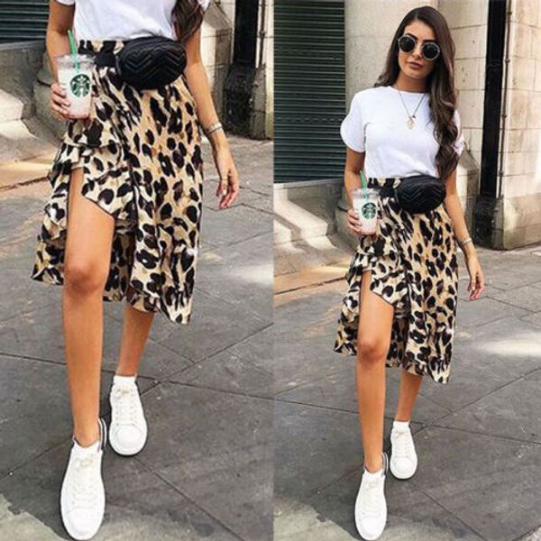 

high waisted asymmetric stretch leopard skirt for women girl party bodycon skirt mid-calf skirts, Black