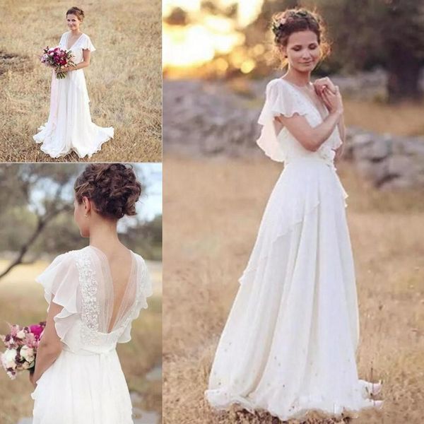 

Vintage Modest Chiffon A Line Wedding Dresses With Cap Sleeves Lace Appliques Country Western Beach Bridal Wedding Gowns Bride Dress