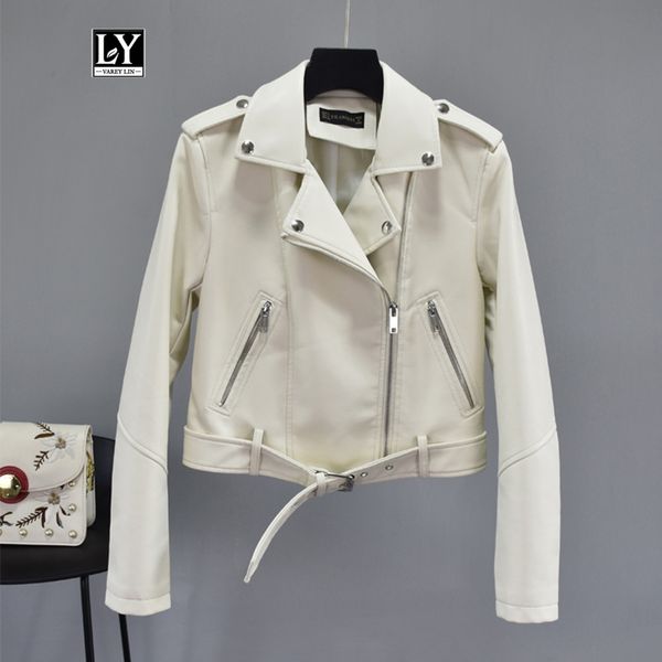 

ly varey lin faux soft pu leather jacket women turndown collar motorcycle zipper basic jackets female rivet epaulet biker coats, Black