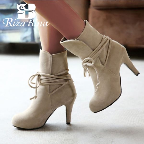 

rizabina women warm short boots winter warm thick fur shoes women fashion thin high heels lace up platform office size 34-43, Black