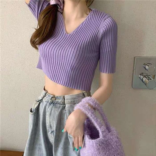 

short-sleeved t-shirt clothes sweater women's ins fashionable summer v-neck sweater slim clavicle short navel-exposed high waist ice si, White