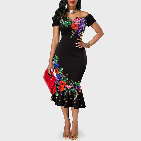 

women bodycon ruffle dress floral print autumn evening cocktail party dress elegant ladies vintage ruffled trumpet dresses d30, Black;gray
