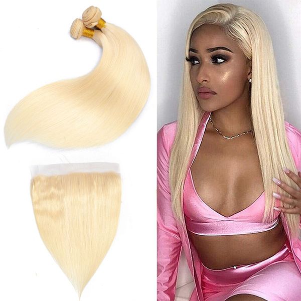 

malaysian 100% human hair 613# blonde human hair straight 2 bundles with 13x4 lace frontal baby hairs extensions 10-30inch silky, Black;brown