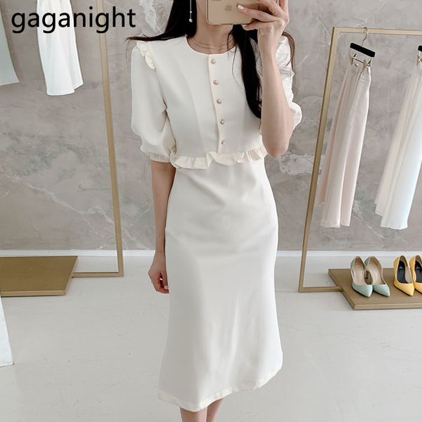

gaganight elegant women maxi bodycon dress pearl button ruffles office lady korean dresses solid slim a line vestiod summer chic, Black;gray