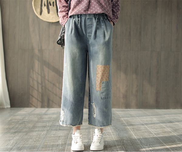 

spring jeans fashion women loose elastic waist denim pants new female casual pocket hole print vintage denim trousers 2019, Blue