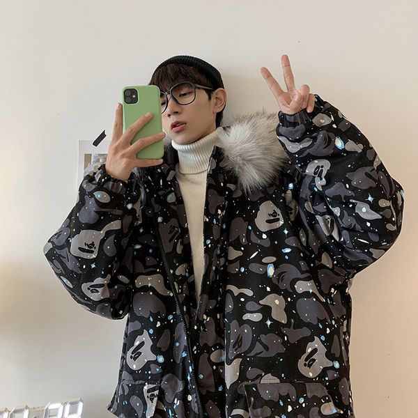 

winter long thick coat men's warm fashion print fur collar hooded coat men streetwear loose cotton camo male clothes m-5xl, Black