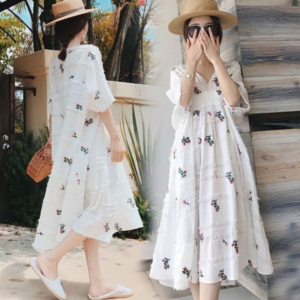 

pregnant women fashion v-neck female summer loose cotton embroidery flower pregnancy dress with lining plus size maternity dress, White