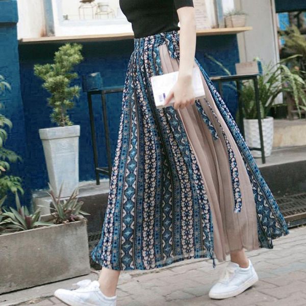 

long floral pleated skirts womens holiday beach boho chiffon print patchwork bandage skirt elegant ladies strappy skirt #4.10, Black