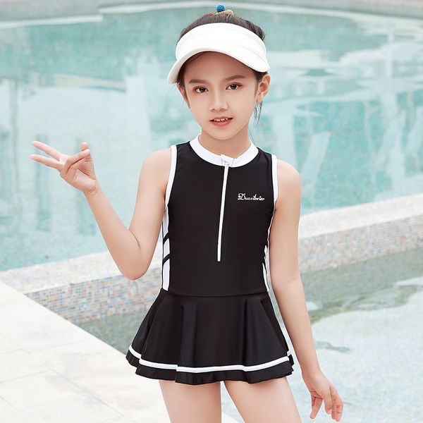 

children's sports style one-piece skirt dress color matching zipper cute girl swimsuit spring baby swimsuit, White;black