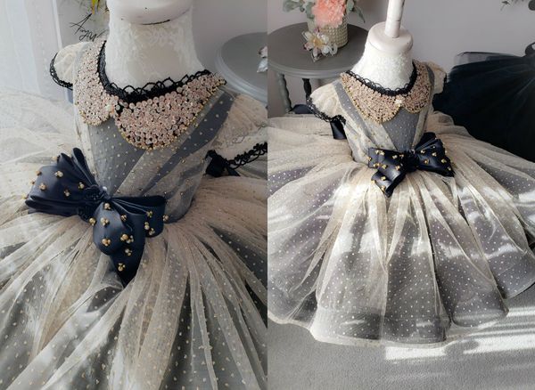 Ucuz Muhteşem Çiçek Kız Elbise Mücevher Kolsuz Boncuklu Pullarda Bow Kız Yarışması Tül Sweep Tren Custom Made Doğum Önlük Sıcak Satış
