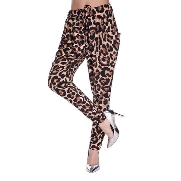 

2019 fashion women pocket leopard elastic waist trousers casual leisure harem pants pencil stretch skinny streetwear, Black;white
