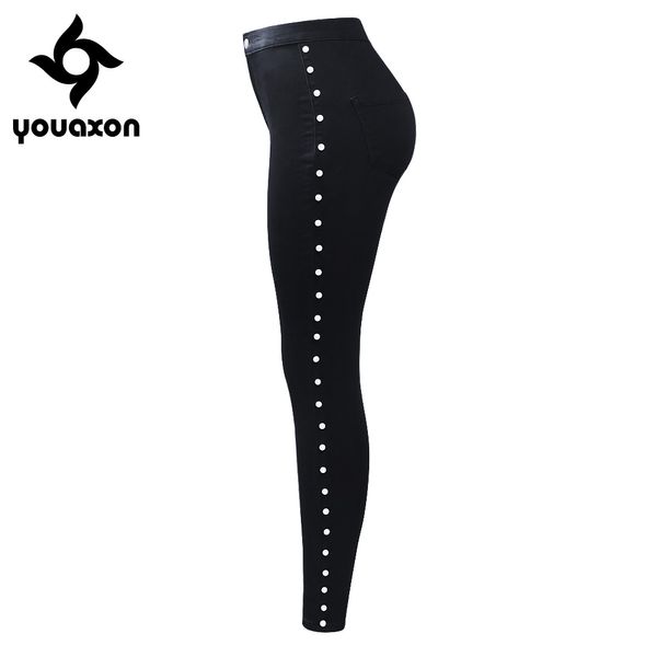 

2179 youaxon new black high waist vintage side pearls jeans woman stretchy denim pants trousers for women pencil skinny jeans, Blue