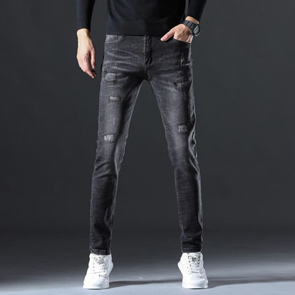 

2020 men's jeans fashion designer fashion mid-waist trousers pencil pants men's hole patch pants skull arrow jeans, Blue
