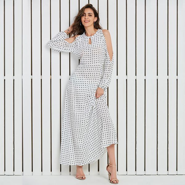 

young17 women maxi dresses 2018 summer hollow high waist vacation beachwear ankle length holiday dots dress beach dress, Black;gray