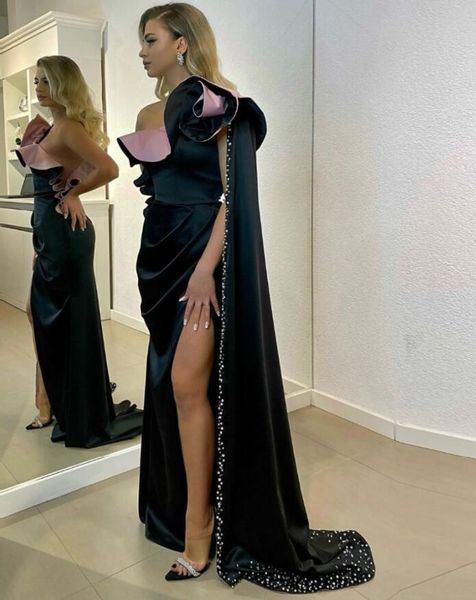 

2020 elegant velvet mermaid evening dresses one shoulder high side split long prom gowns crystal ruffles formal dress abendkleider, Black