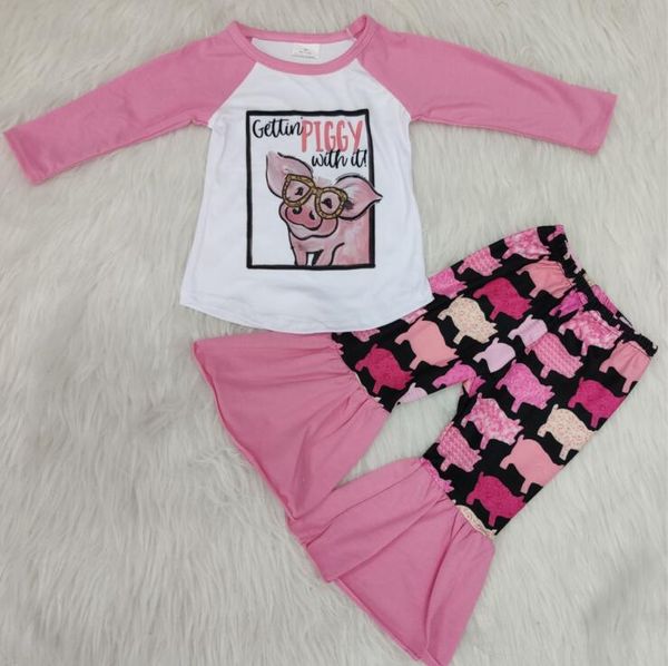 

wholesale/retail pig outfits baby girls cute cartoon +flare pants 2 pcs set kid personality children's clothing suits gxj, White