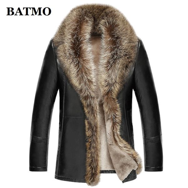 

batmo 2018 new arrival winter real leather raccoon fur collars trench coat men ,men's winter wool liner parkas al17, Black