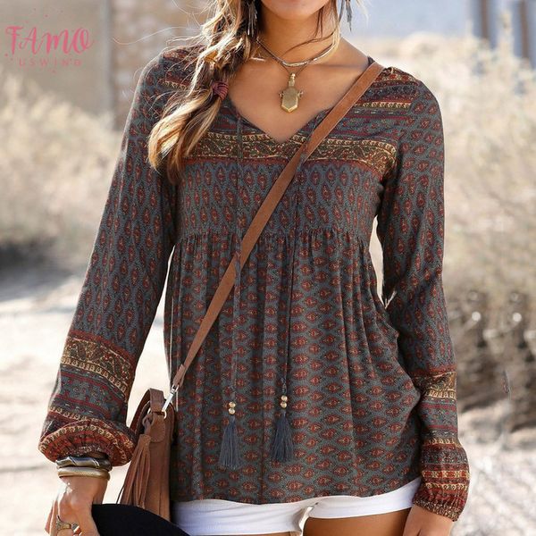

long sleeve blouses women autumn winter bohemian vintage print ladies daily v neck blouses shirts women camisa femenina, White