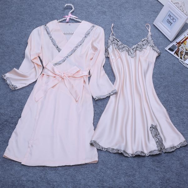 

spring lady robe kimono sleepwear sleep sets womens 2pcs strap suit casual home wear pajamas nightwear bath new gown, Black;red