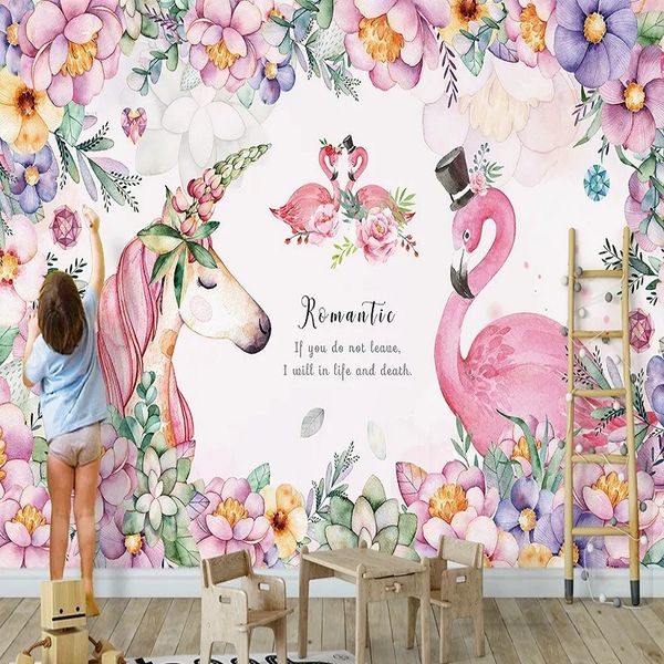 

custom large mural 3d wallpaper nordic cartoon pink unicorn flamingo flowers girl mural tv back wall decor deep 5d embossed