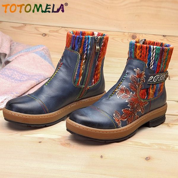 

totomela genuine leather boots vintage bohemian zipper shoes woman autumn botas mujer patchwork new ankle boots ladies shoes, Black