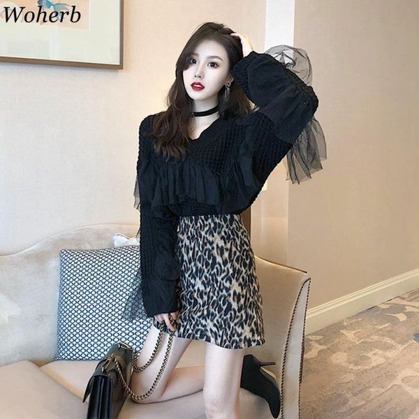 

woherb black pull femme v neck long sleeve patchwork lace sweater women solid color loose pullovers jumpers korean fashion 90892, White;black