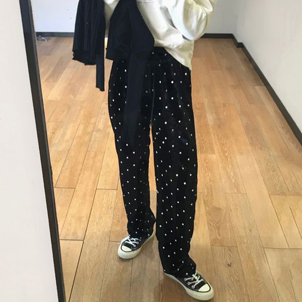 

so cute polka dots velours pants women trousers autumn winter autumn winter kawaii pantalon femme pantalones mujer, Black;white