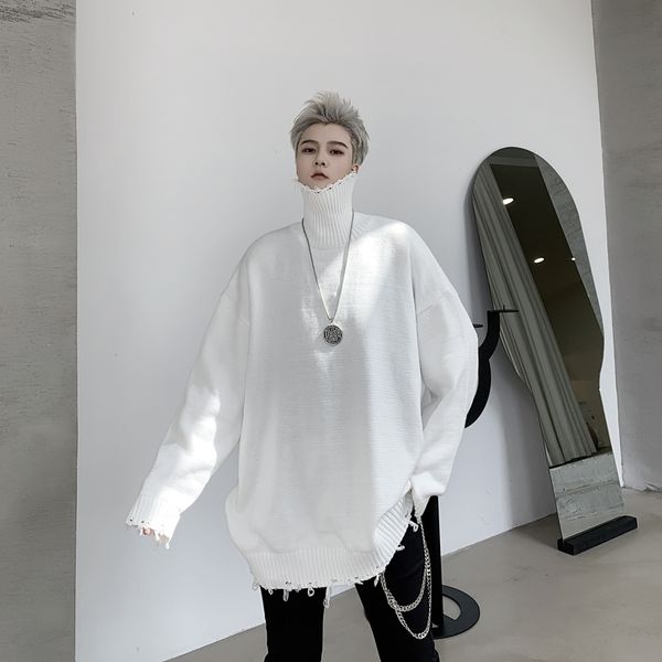 

male women street hip hop punk gothic sweater men turtleneck hole loose solid knitted pullover sweater autumn winter, White;black