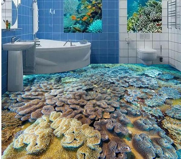 

underwater world fish coral 3d tile floor 3d bathroom wallpaper waterproof
