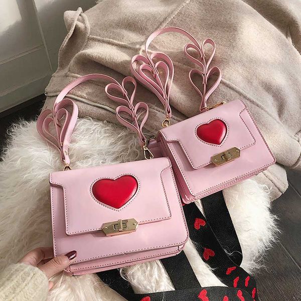 

2019 new wide shoulder strap cute girl small square bag heart-shaped embroidery and versatile shoulder bag women handbags