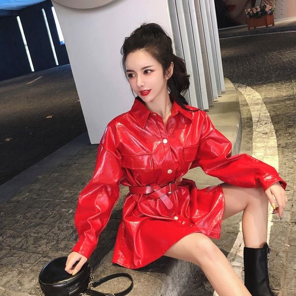 

motorcycle womens 2020 spring and autumn new fashion korean style temperament loose all-match waist slimming pu leather coat tide, Black