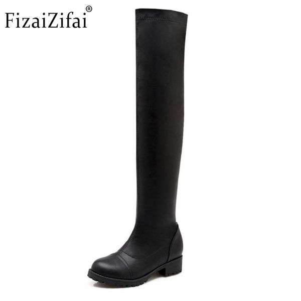 

women square low heel over the knee long boots woman classic round toe elastic bootie footwear shoes woman size 34-43, Black