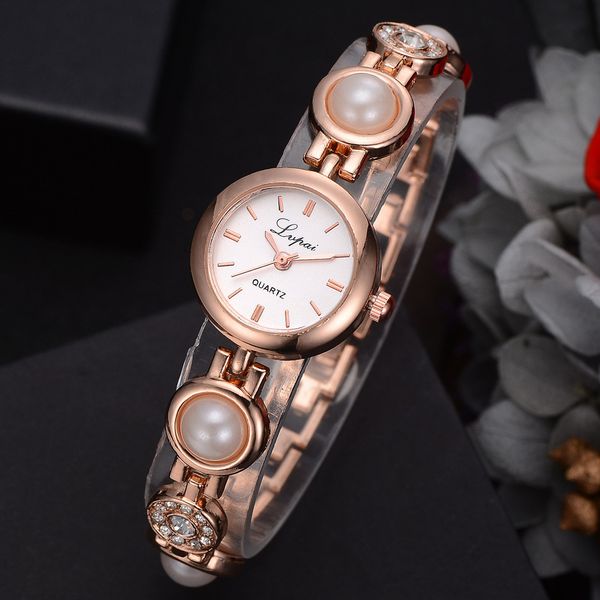 

women bracelet watches imitation pearl crystal round dial wristwatch casual analog quartz watch lxh, Slivery;brown