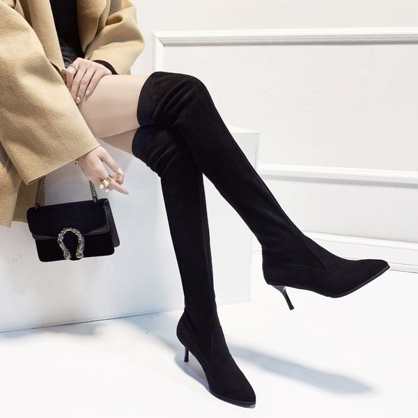 

women black pointed toe over the knee boots 6.5 cm high heel thigh high boots women winter warm ladies long shoes