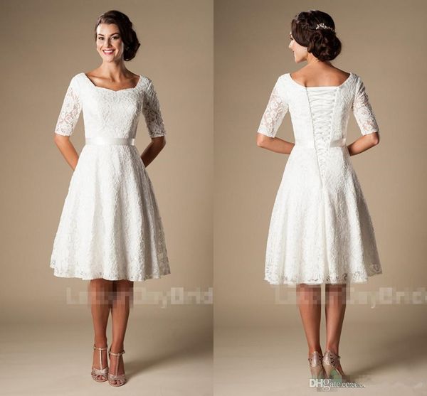 

short wedding dresses with sleeves modest vintage 1920s' lace knee-length outdoor reception informal bridal wedding dress bud297q, White