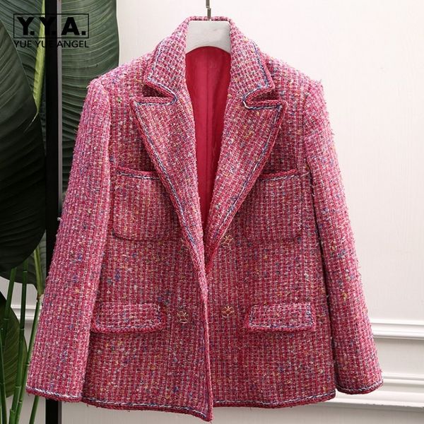 

luxury double breasted lapel womens tweed outerwear coats fashion long sleeve pockets loose straight female jackets, Black;brown