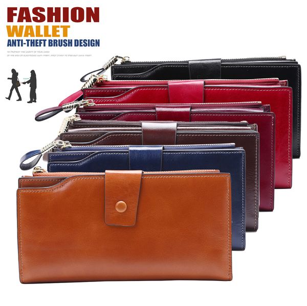 

women genuine leather rfid blocking long clutch wallets cowhide zipper purses multi-card slots banknote pockets luxury handbag gifts, Red;black