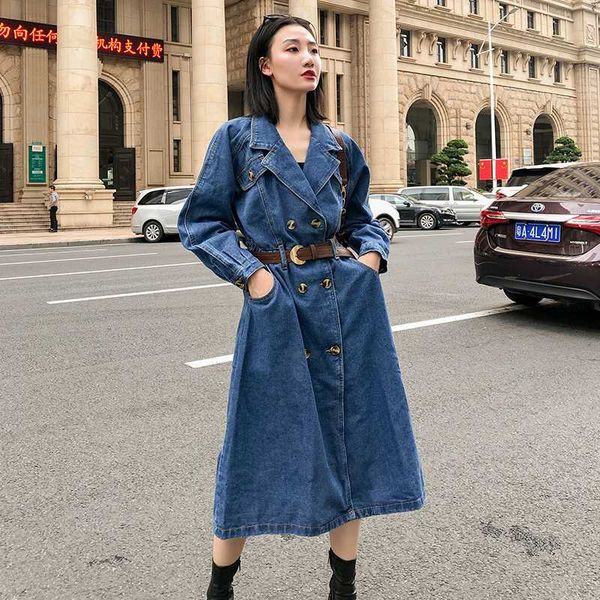 

sashes vintage windbreaker women streetwear double breasted loose denim trench coat spring casual long outwear female autumn f82, Tan;black