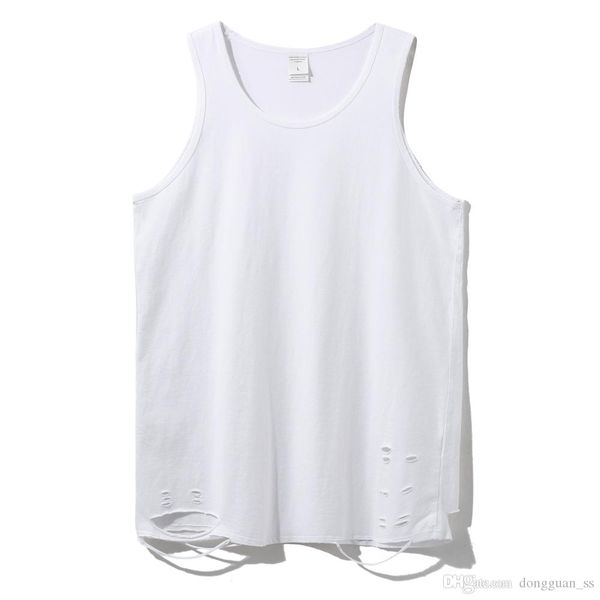 

hip hop vintage ripped holes tank solid color sleeveless cotton tee extended-length streetwear, White;black