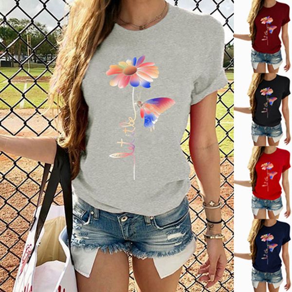 

дамы дейзи бабочка печати футболка лето дизайнер с коротким рукавом круглый вырез повседневные тройники женская мода топ, White