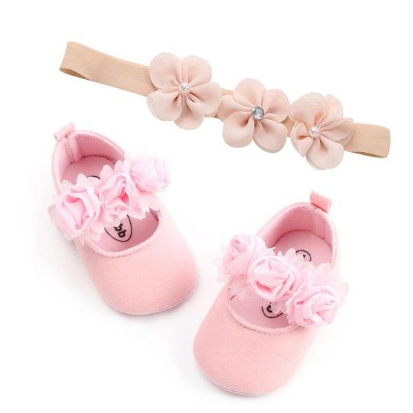 

infant cute baby 0-18m prewalkers with lace flower + headband 2pc set girls soft bottom shoes
