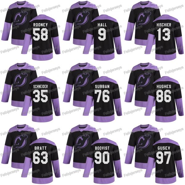 

76 p.k. subban 2020 hockey fights cancer new jersey devils 97 nikita gusev 86 jack hughes cory schneider taylor hall sami vatanen jersey, Black;red