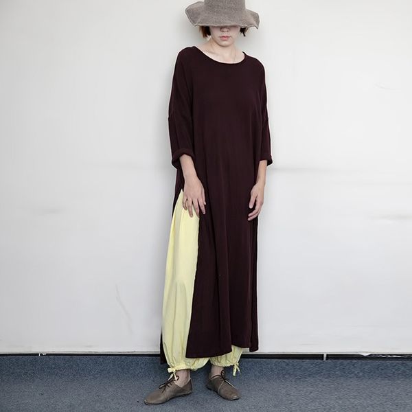 

casual dresses johnature simple comfortable women high slit dress 2021 autumn loose vintage cotton linen long sleeve o-neck female, Black;gray