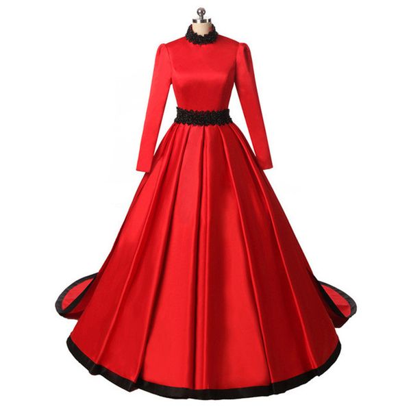 setwell vermelho cetim uma linha vestidos de noite personalizado vestidos de pescoço de alta pescoço de detenção de mangas compridas vestido de baile de vestido de soioe