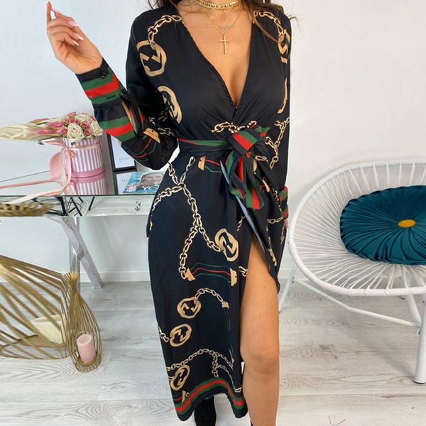 

women's chain print dress v neck summer dress women 2020 spring elegant belted long sleeve dresses robe split long party, Black;gray