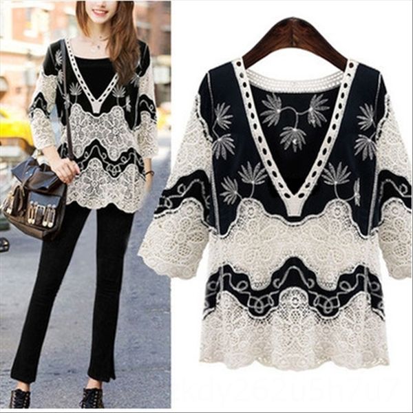 

2019 large size women's wear contrast color hollow-out anti-blocking clothes fat mmt shirt loose v-neck net shirt top, White