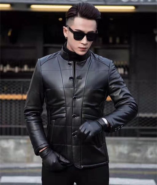 

men's lambskin genuine leather down jacket men standing collar warm white duck down coat, Black