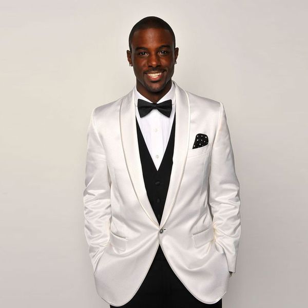 White Satin Мужские костюмы для свадьбы костюмы Slim Fit пальто черные брюки Пром Blazer Groom Tuxedos шафером TERNO 3 шт Мужчина для